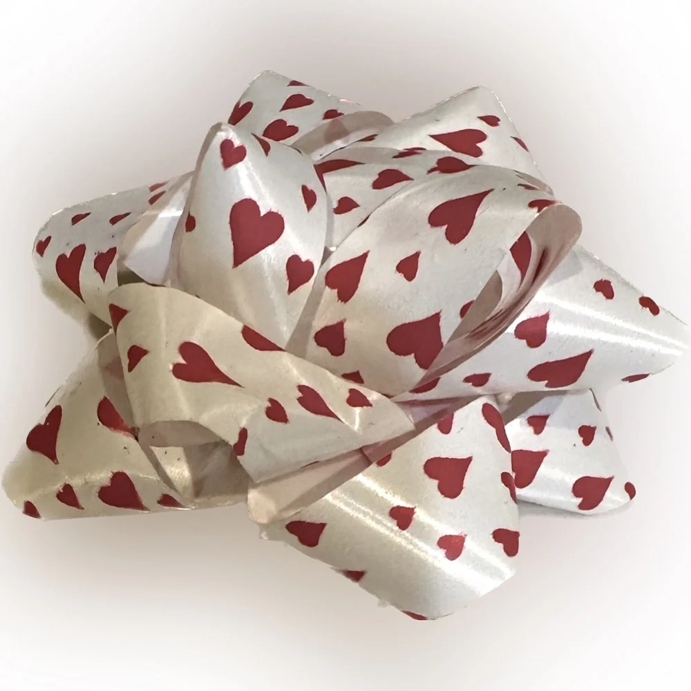 VTG 1990 HEART PRINT RIBBON BOW WHITE RED VALENTINE ENGAGEMENT ANNIVERSARY GIFT